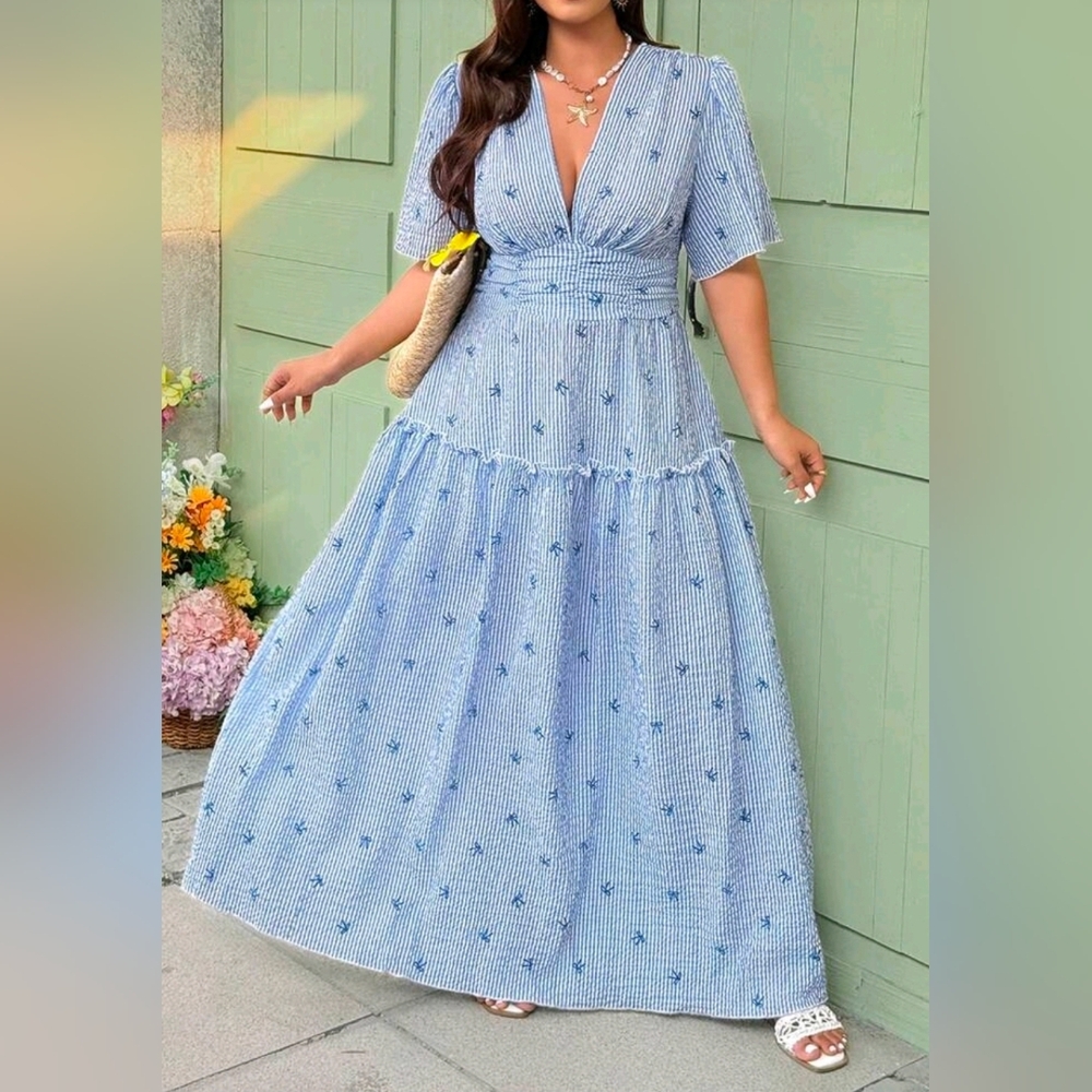 New Flirty Bow Embroidered Striped Ruched Waist Maxi Dress Blue White - Picture 2 of 9